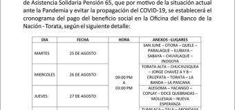 SE IMPLEMENTARÁ CRONOGRAMA DE COBRO DE PENSIÓN 65 EN TORATA PARA EVITAR LA PROPAGACIÓN DEL COVID-19