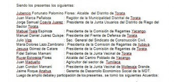 AUTORIDADES Y DIRIGENTES SOLICITAN INSTALACIÓN DE LA MESA DE DIALOGO EN TORATA