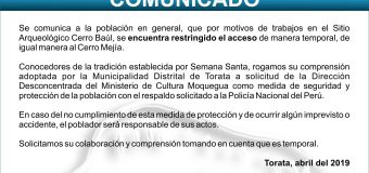 COMUNICADO DE RESTRICCIONES DE ASCENSO AL SITIO ARQUEOLÓGICO CERRO BAÚL EN SEMANA SANTA