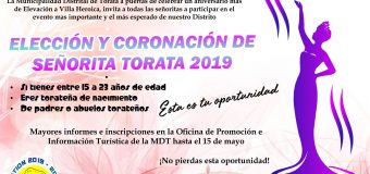 CONVOCATORIA AL CERTAMEN DE BELLEZA ELECCIÓN Y CORONACIÓN DE SEÑORITA TORATA 2019