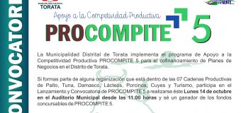 MUNICIPALIDAD DE TORATA REALIZARÁ LANZAMIENTO Y CONVOCATORIA DEL FONDO CONCURSABLE PROCOMPITE 5