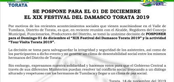 SE POSPONE PARA EL 01 DE DICIEMBRE EL XIX FESTIVAL DEL DAMASCO TORATA 2019