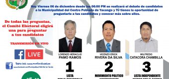 COMITÉ ELECTORAL REALIZARÁ DEBATE ENTRE LOS TRES CANDIDATOS PARA ALCALDE DE LA MUNICIPALIDAD DEL CENTRO POBLADO DE YACANGO