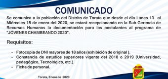 MUNICIPALIDAD DE TORATA CONVOCA A PARTICIPAR DEL PROGRAMA MUNICIPAL “JÓVENES CHAMBEANDO”