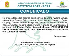 PRIMER TALLER “PRESUPUESTO PARTICIPATIVO 2021″ DESCENTRALIZADO