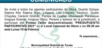 PRIMER TALLER “PRESUPUESTO PARTICIPATIVO 2021″ DESCENTRALIZADO