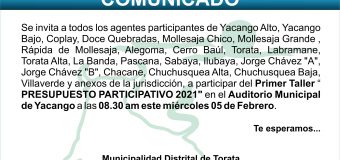 Primer Taller “ PRESUPUESTO PARTICIPATIVO 2021″ Auditorio Municipal de Yacango a las 08.30 am este miércoles 05 de Febrero del 2020