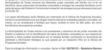 MUNICIPALIDAD DE TORATA FOCALIZARÁ HOGARES PARA LA ENTREGA DE CANASTAS FAMILIARES ANTE LAS EMERGENCIAS POR EL COVID-19