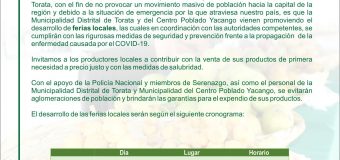 EN TORATA SE PROMOVERÁN FERIAS LOCALES PARA ABASTECER A LA POBLACIÓN ANTE LAS EMERGENCIAS POR EL CORONAVIRUS