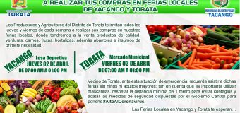 PRODUCTORES LOCALES TE INVITAN A REALIZAR TUS COMPRAS EN FERIAS LOCALES DE YACANGO Y TORATA