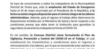 LABORES ADMINISTRATIVAS EN LA MDT SIN FECHA DE REINICIO ANTE LA AMPLIACIÓN DEL ESTADO DE EMERGENCIA POR EL COVID-19