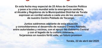 SALUDO INSTITUCIONAL POR EL 25° ANIVERSARIO DEL CENTRO POBLADO DE YACANGO