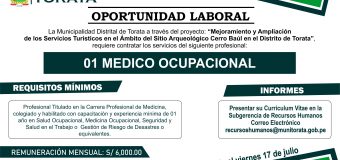 MUNICIPALIDAD DE TORATA REQUIERE CONTRATAR LOS SERVICIOS DE UN MEDICO OCUPACIONAL