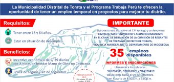 MUNICIPALIDAD DE TORATA Y PROGRAMA TRABAJA PERU LANZAN CONVOCATORIA PARA 35 PUESTOS LABORALES TEMPORALES