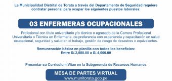MUNICIPALIDAD DE TORATA REQUIERE CONTRATAR LOS SERVICIOS DE PROFESIONALES DE LA SALUD