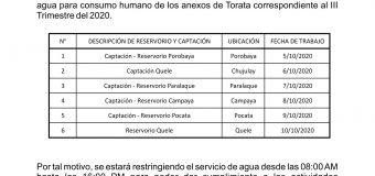 MUNICIPALIDAD DE TORATA COMUNICA CRONOGRAMA DE LIMPIEZA Y DESINFECCIÓN DE CAPTACIONES Y RESERVORIOS EN EL DISTRITO